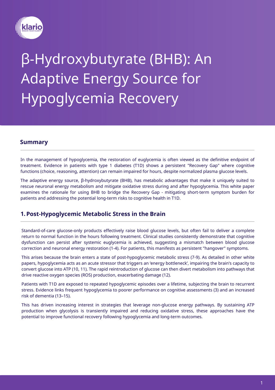 White paper cover: β-Hydroxybutyrate (BHB) — An Adaptive Energy Source for Hypoglycemia Recovery