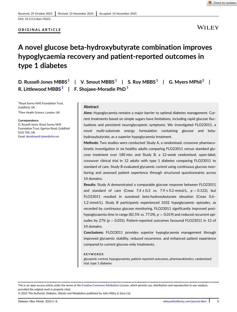 Klario published research summary cover: A novel glucose beta-hydroxybutyrate combination improves hypoglycaemia recovery and patient-reported outcomes in type 1 diabetes