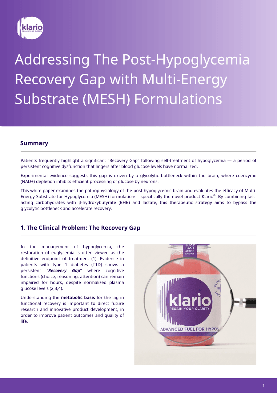 Klario white paper cover: Addressing the Post-Hypoglycemia Recovery Gap with Multi-Energy Substrate (MESH) formulations